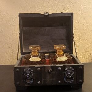 Japan 1970's Pirate Style Chest with Glass Decanters & 4 Shot Glasses